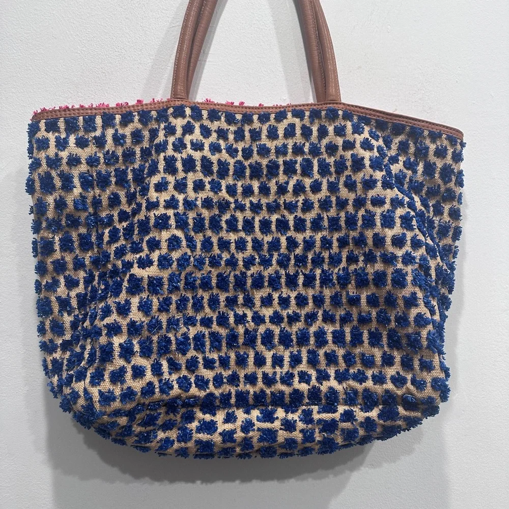 Anthropologie Miss Albright Speciality Pom burst tote bag travel woven blue red - Picture 2 of 5